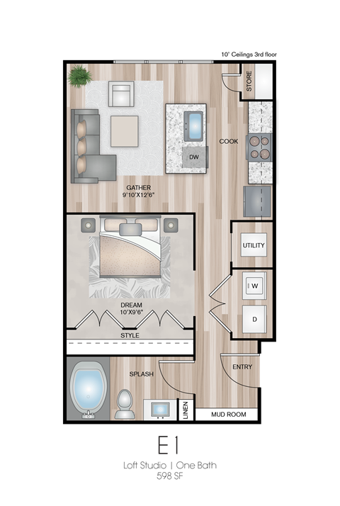 Floor plan for 1 bed, 1 bath, 598 sqft